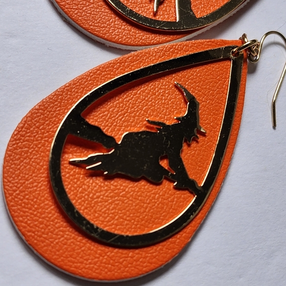 Orange Teardrop Earrings with Gold Witch on Broom Silhouette - Picture 4 of 5
